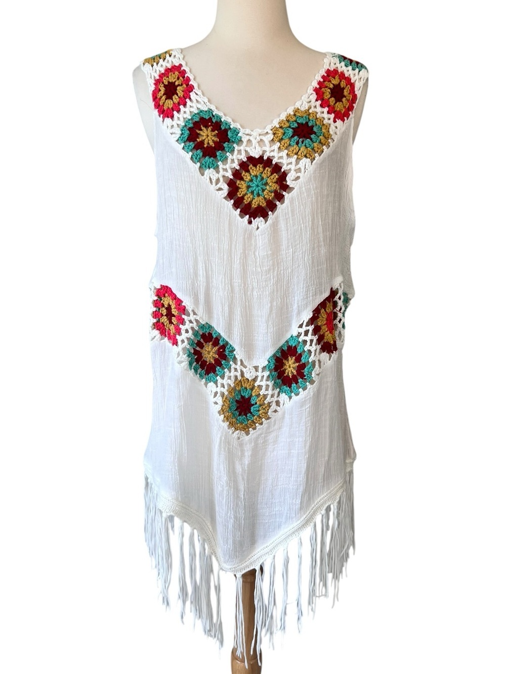 Bohemian Crochet Panel Fringed Tunic Top